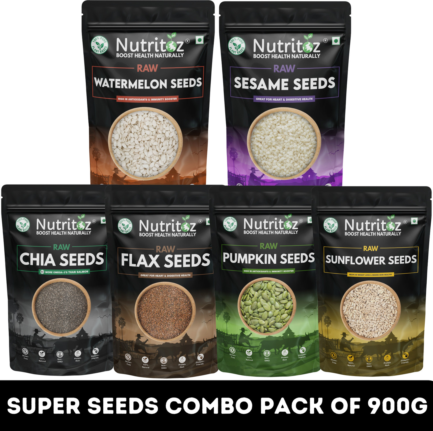 Image of Nutritoz Raw Mix Seeds 900gm Combo Pack Of 6 for Weight Loss with Omega-3 & Fiber Rich Chia Seeds, Brown Flax Seeds, Pumpkin Seeds, Sunflower Seeds, Watermelon Seeds, Sesame Seeds