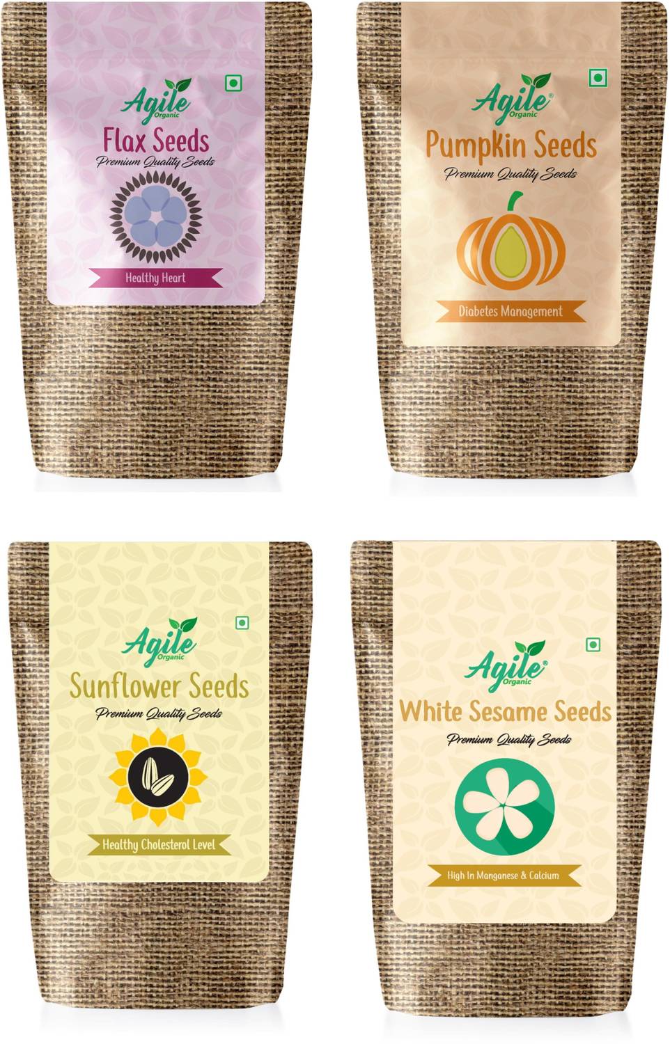 Agile Organic Seeds Cycling Seeds Combo - ( Sunflower, Flax, Pumpkin, White Sesame 200g Each ) Mixed Seeds