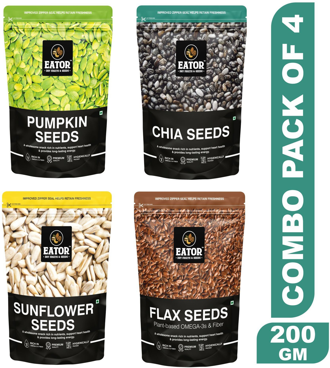 Image of EATOR Seeds Combo 200gm (50gm Each), Pack of 4, Chia Seeds, Brown Flax Seeds, Pumpkin Seeds, Sunflower Seeds