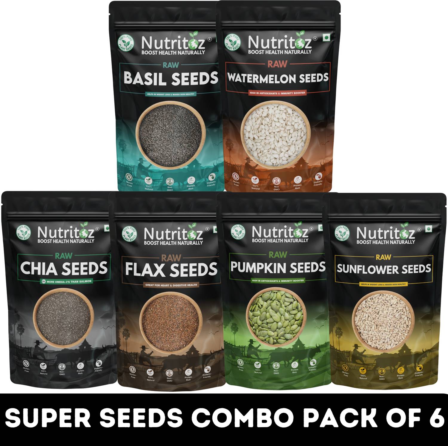 Nutritoz Raw Mix Super Seeds Combo Pack Of 6 (50G EACH)