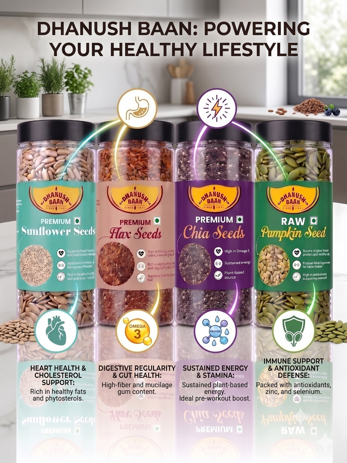 Image of Dhanush Baan 100% Natural Premium Pumpkin Seeds, Sunflower Seeds, Chia Seeds, Brown Flax Seeds