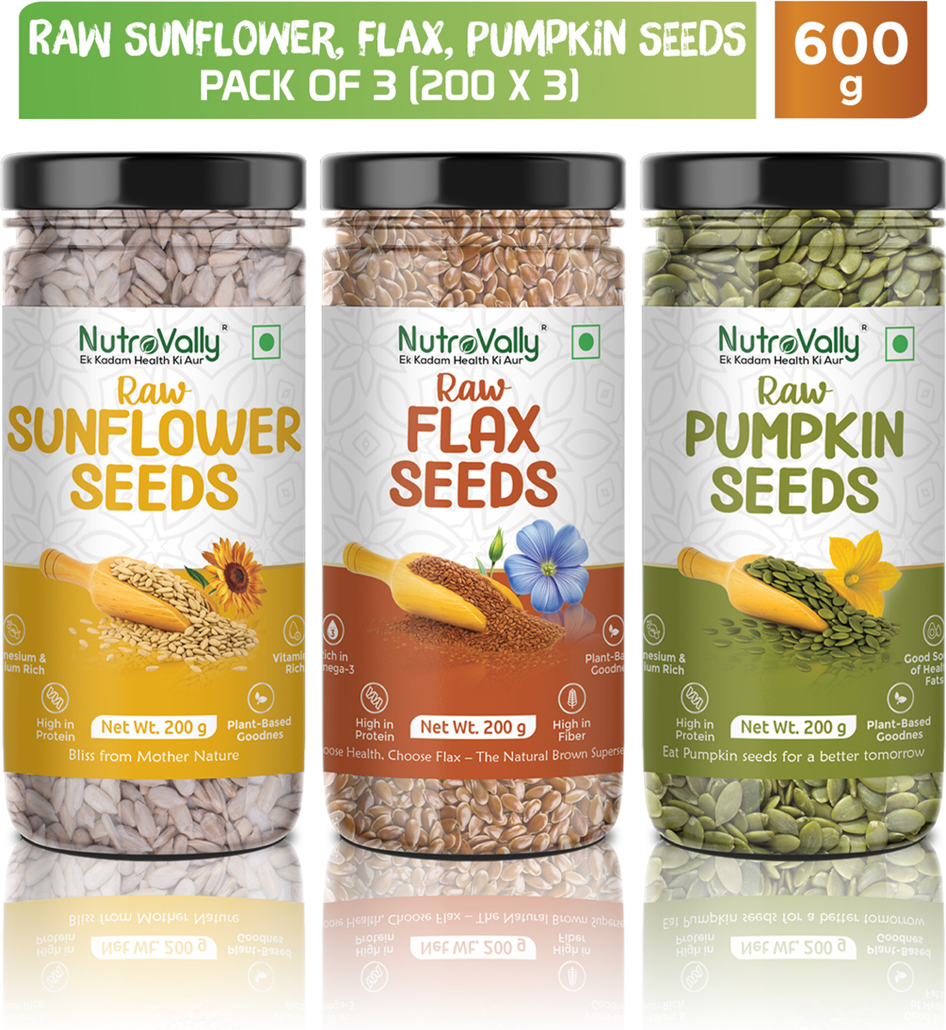 Image of NutroVally NutroVally 3-in-1 Superfood Mix for Snacking, Salads, Smoothies & Baking | Sunflower Seeds, Brown Flax Seeds, Pumpkin Seeds