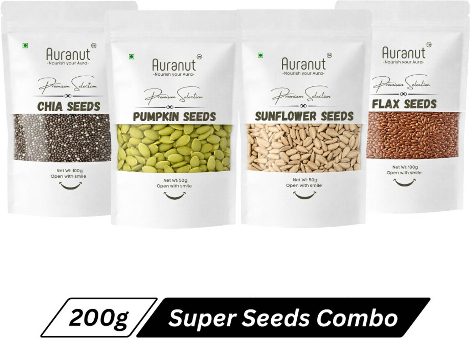 AURANUT Premium Seeds Combo | Flax, Chia, Pumpkin & Sunflower Seeds | 50 g Each Chia Seeds, Pumpkin Seeds, Sunflower Seeds, Brown Flax Seeds