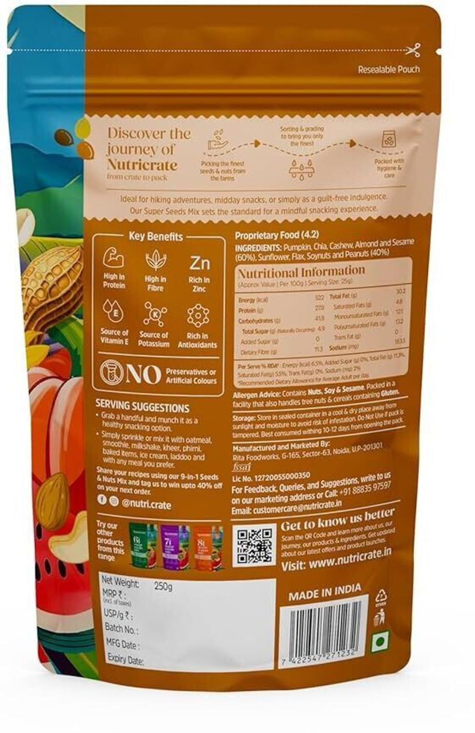 Image of Nutricrate 9 in 1 Super Mixed Seeds for Eating, Roasted, Protein Rich & for weight loss. Mixed Seeds (4 x 250 g)