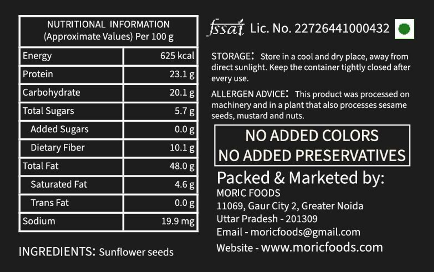 Image of MORIC Raw Sunflower Seeds, Healthy Snack, Rich in Dietary Fibre & Protein Sunflower Seeds