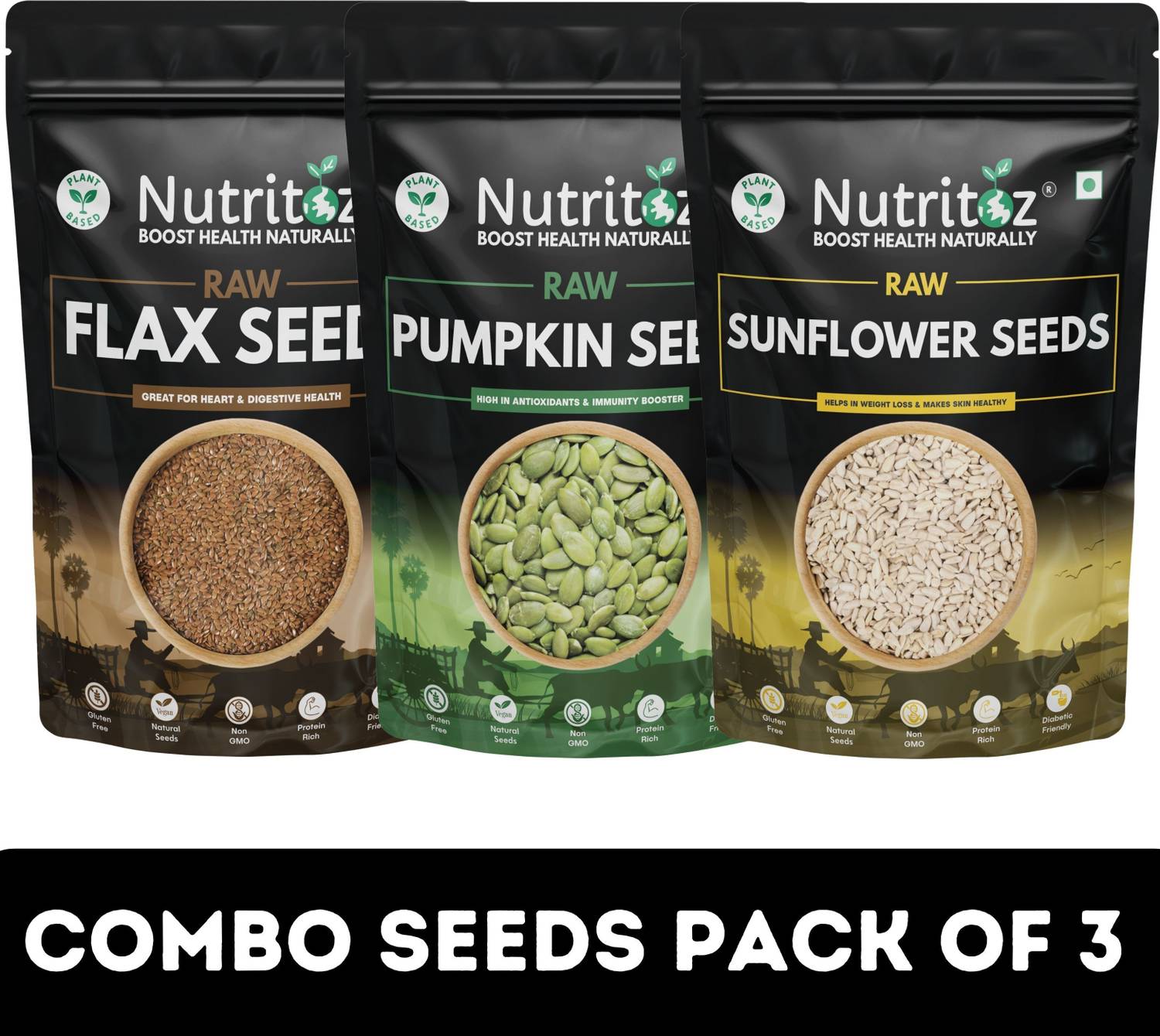 Nutritoz Pumpkin Seeds, Sunflower Seeds & Flax Seeds Combo Pack of 3 | 200GM Each Brown Flax Seeds, Pumpkin Seeds, Sunflower Seeds