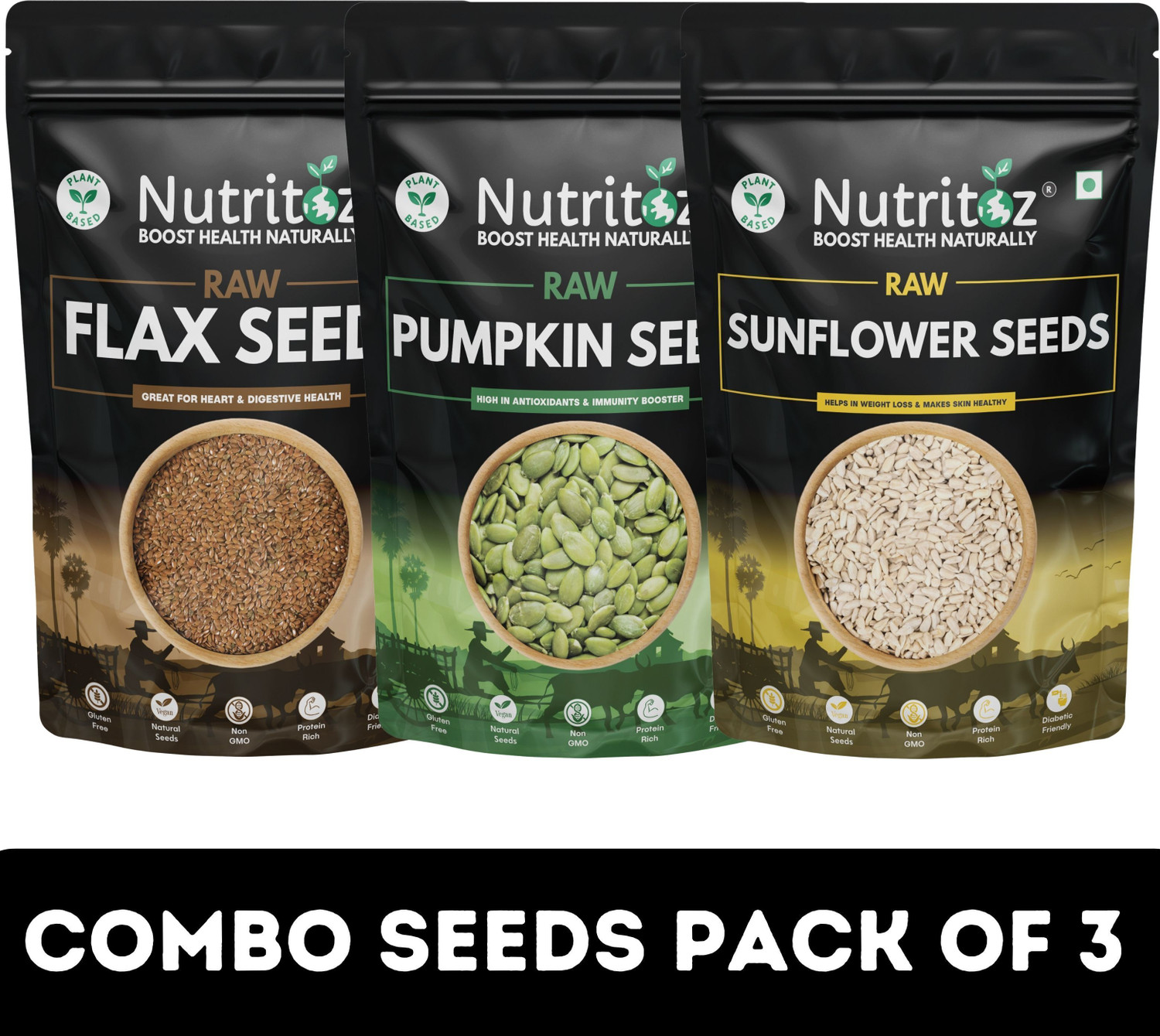 Image of Nutritoz Pumpkin Seeds, Sunflower Seeds & Flax Seeds Combo Pack of 3 | 200GM Each Brown Flax Seeds, Pumpkin Seeds, Sunflower Seeds