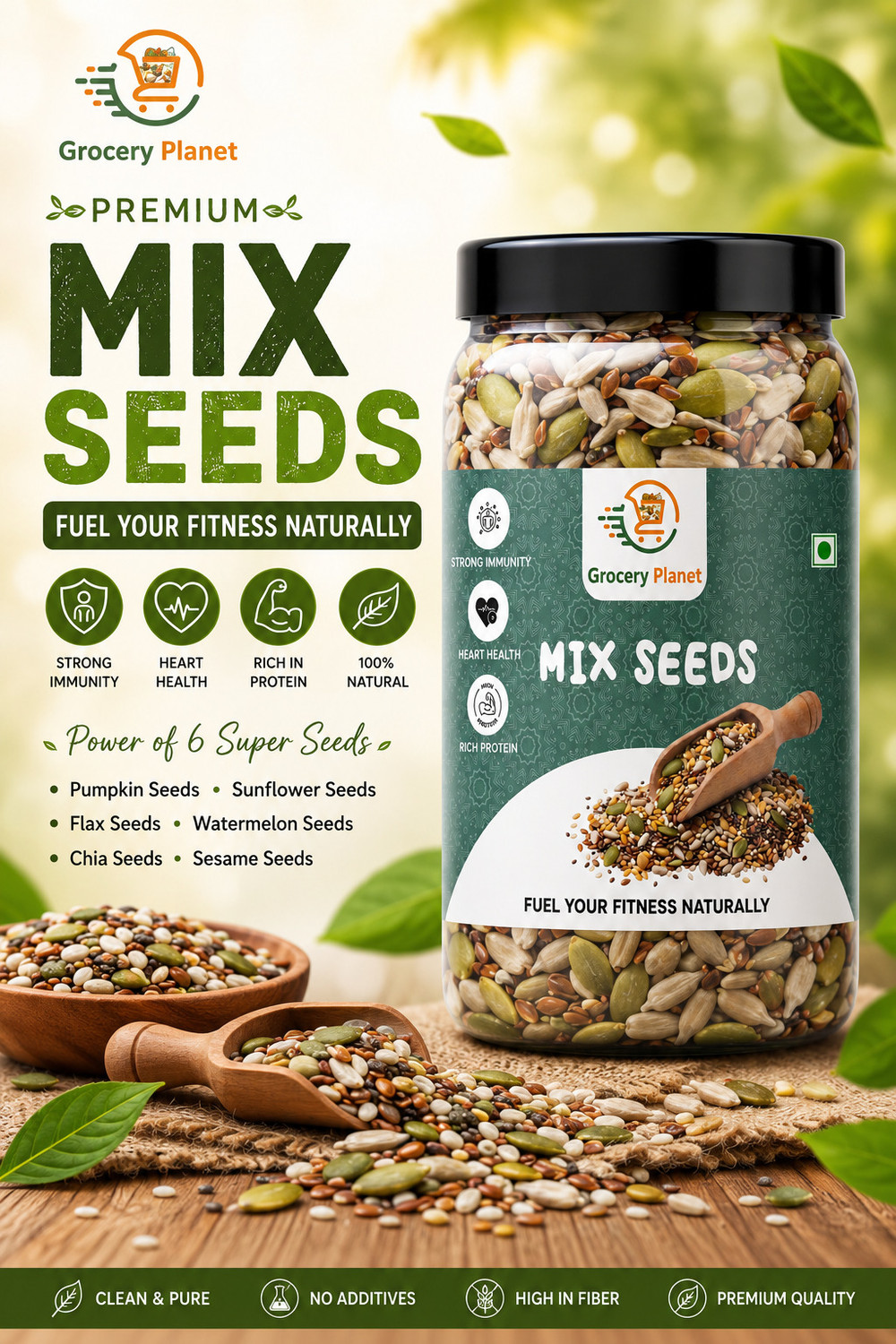 Image of Grocery Planet 5-in-1 Mix Seeds - Chia, Flax, Pumpkin, Sunflower & Watermelon |Superfood Mixed Seeds