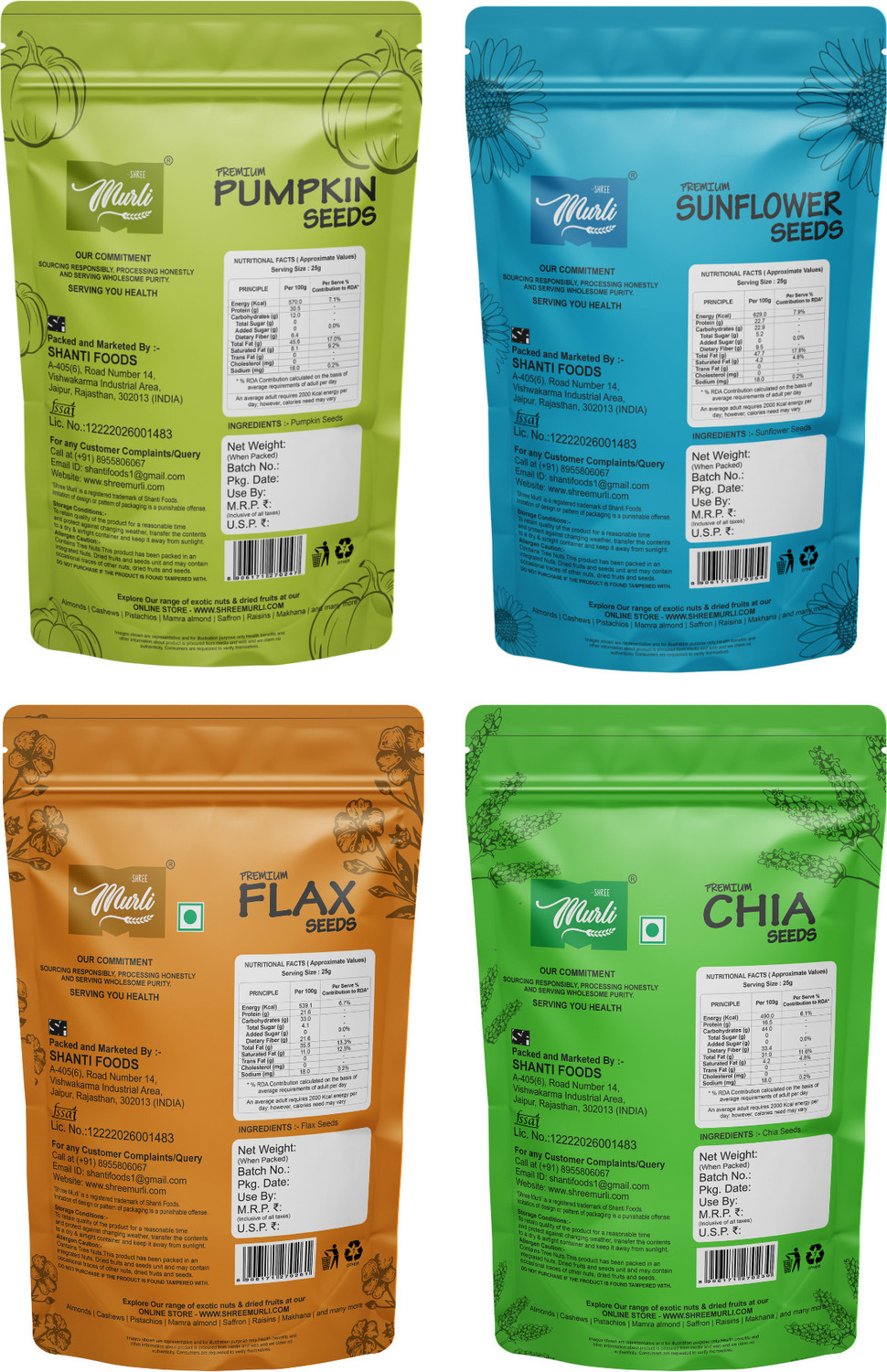 Image of SHREE MURLI Combo of Chia, Pumpkin, Sunflower & Flax 400g (100g Each) |Good for Weight Loss| Chia Seeds, Pumpkin Seeds, Sunflower Seeds, Brown Flax Seeds