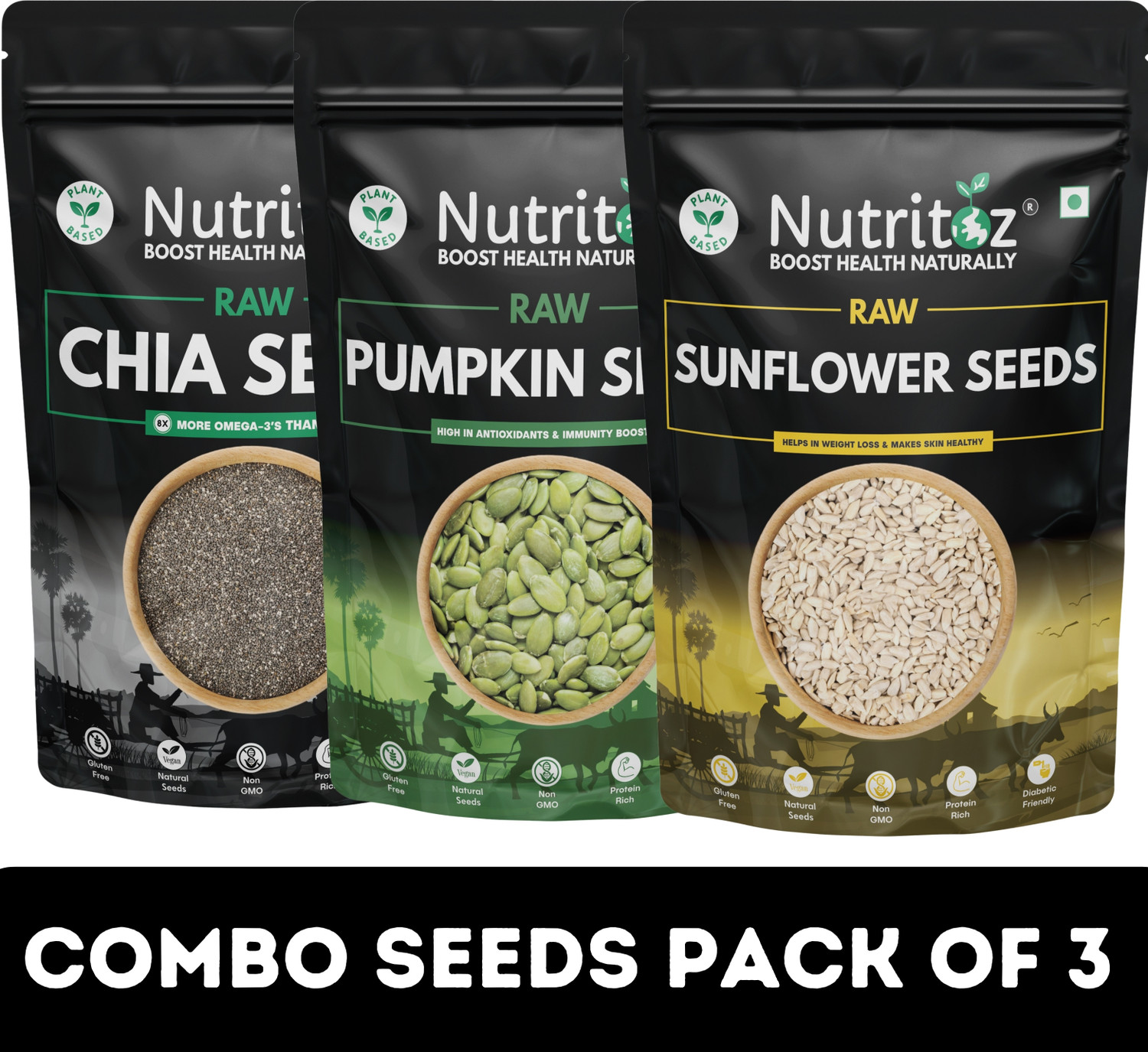Image of Nutritoz Raw Chia Seeds, Pumpkin Seeds & Sunflower Seeds 600g Combo Pack of 3 | 200g Each Chia Seeds, Pumpkin Seeds, Sunflower Seeds