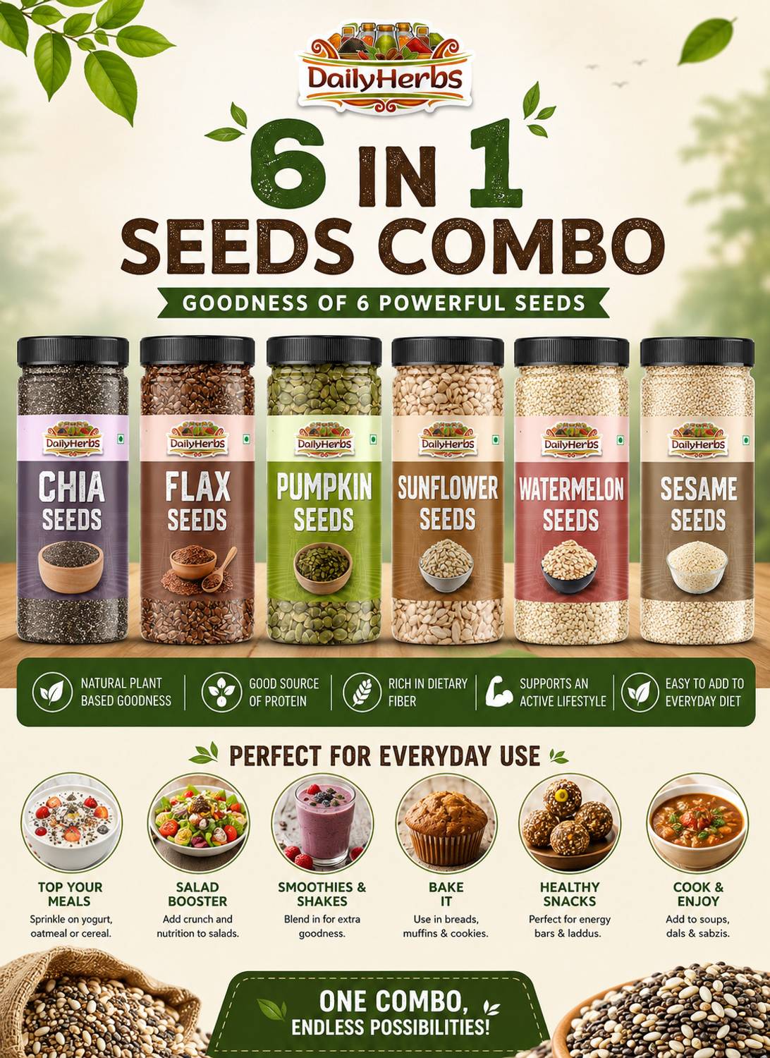 DAILYHERBS Raw Seeds Combo Pack of 6 (100G Each) - Image 2