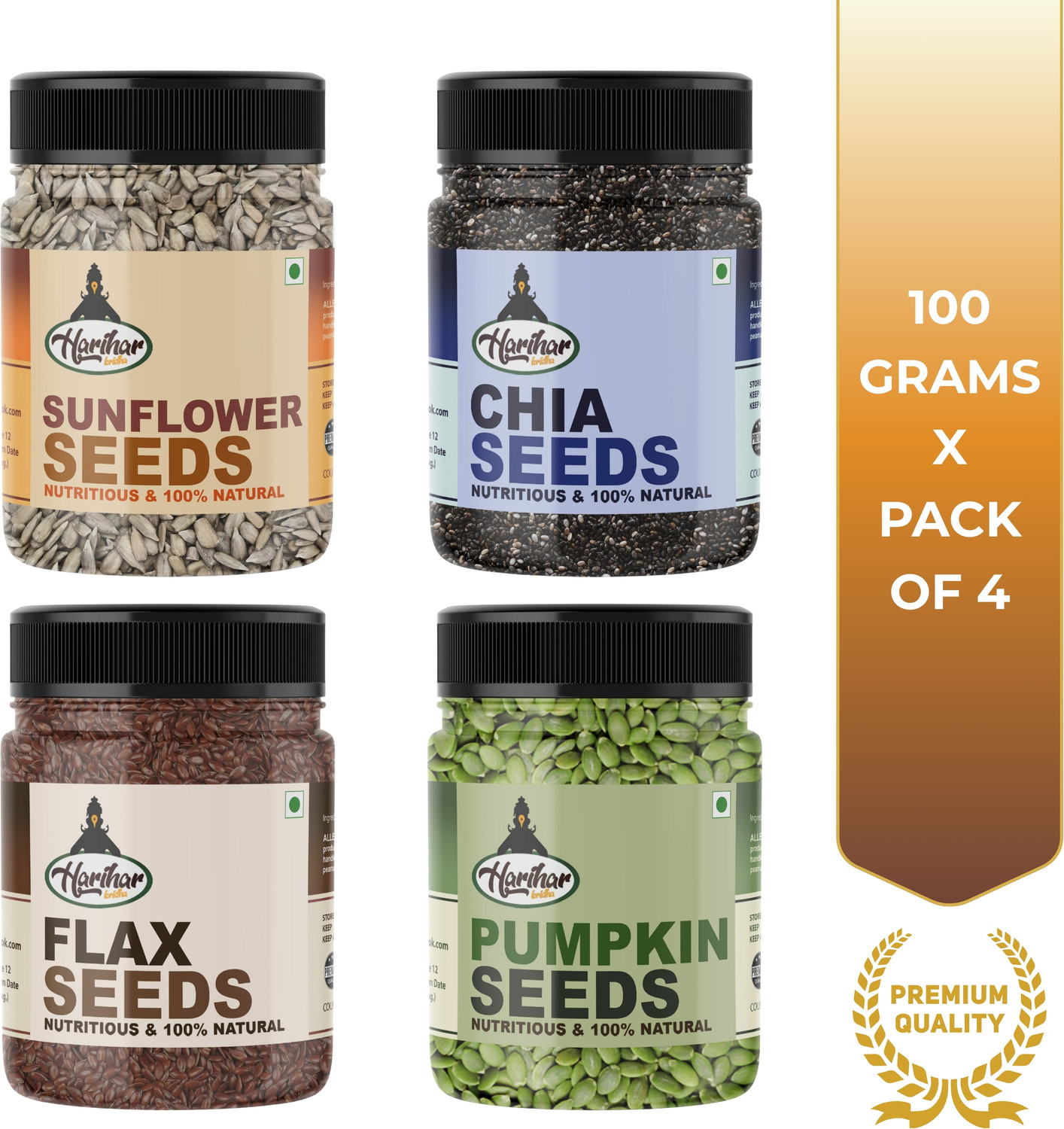 Image of HARIHARKRIDHA Premium Seed Combo | Chia, Pumpkin, Sunflower, Flax Seed | For Health & Wellness Chia Seeds, Pumpkin Seeds, Brown Flax Seeds, Sunflower Seeds