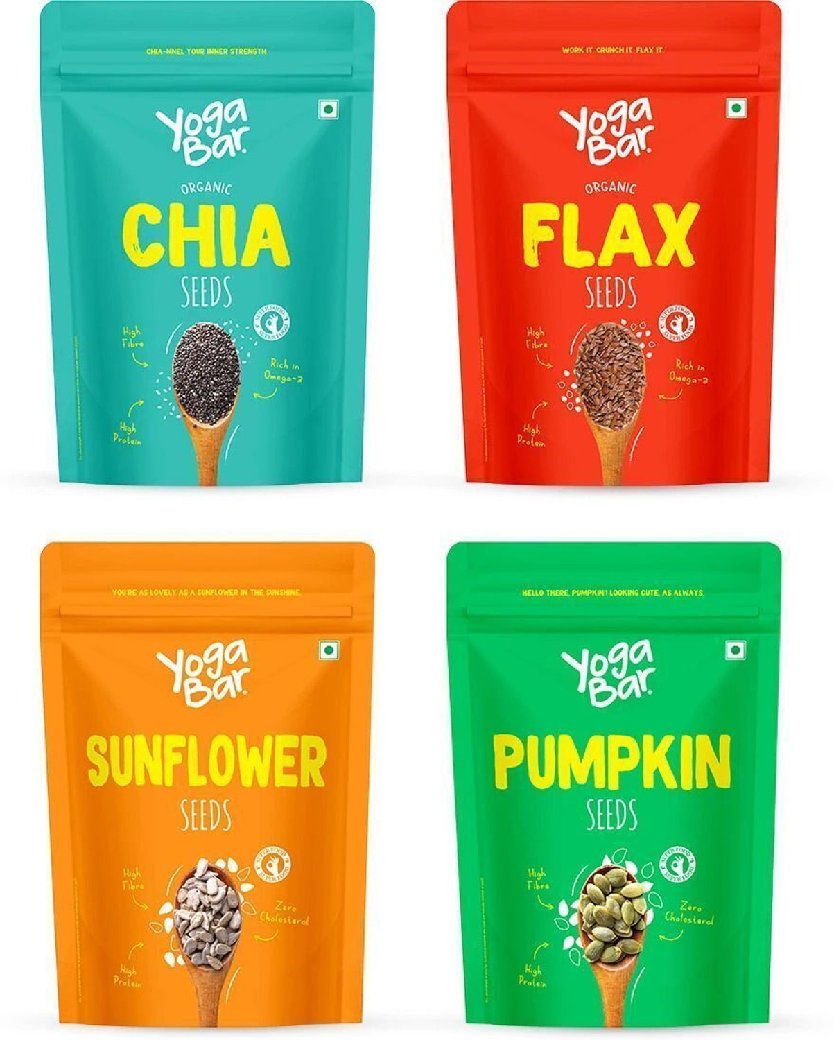 Image of Yogabar Premium seeds 1kg, combo pack of 4, Flax seeds, Chia Seeds, Pumpkin Seeds, Sunflower Seeds