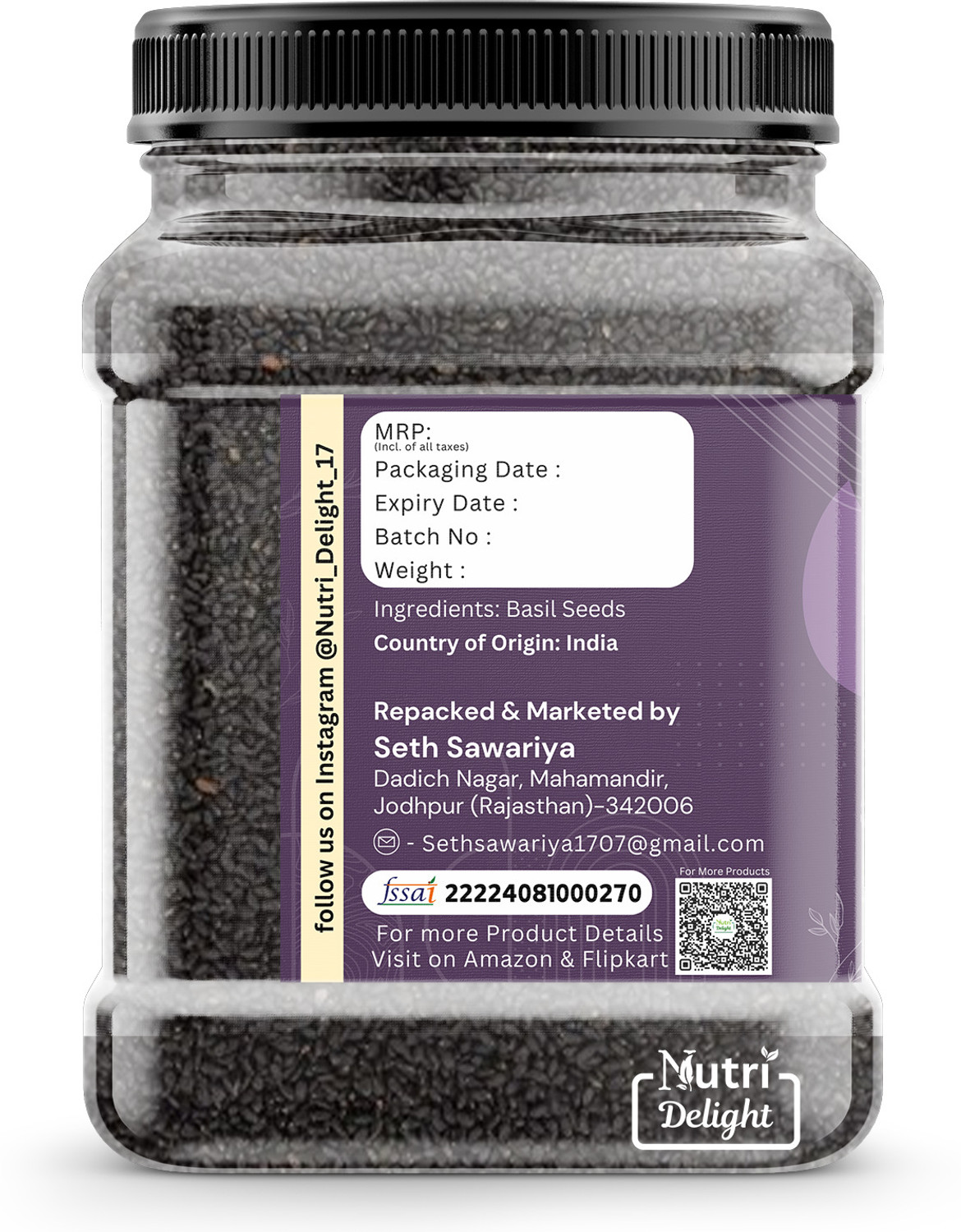 Image of Nutri Delight Raw Basil / Sabja /Tukhmariya seed for Weight loss with Omega 3 , Zinc and Fiber Basil Seeds