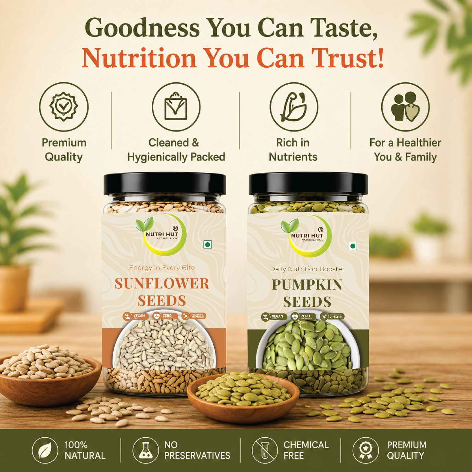 Image of Nutri Hut Super Seeds Combo Pack | 100% Natural & Healthy Pumpkin Seeds, Sunflower Seeds