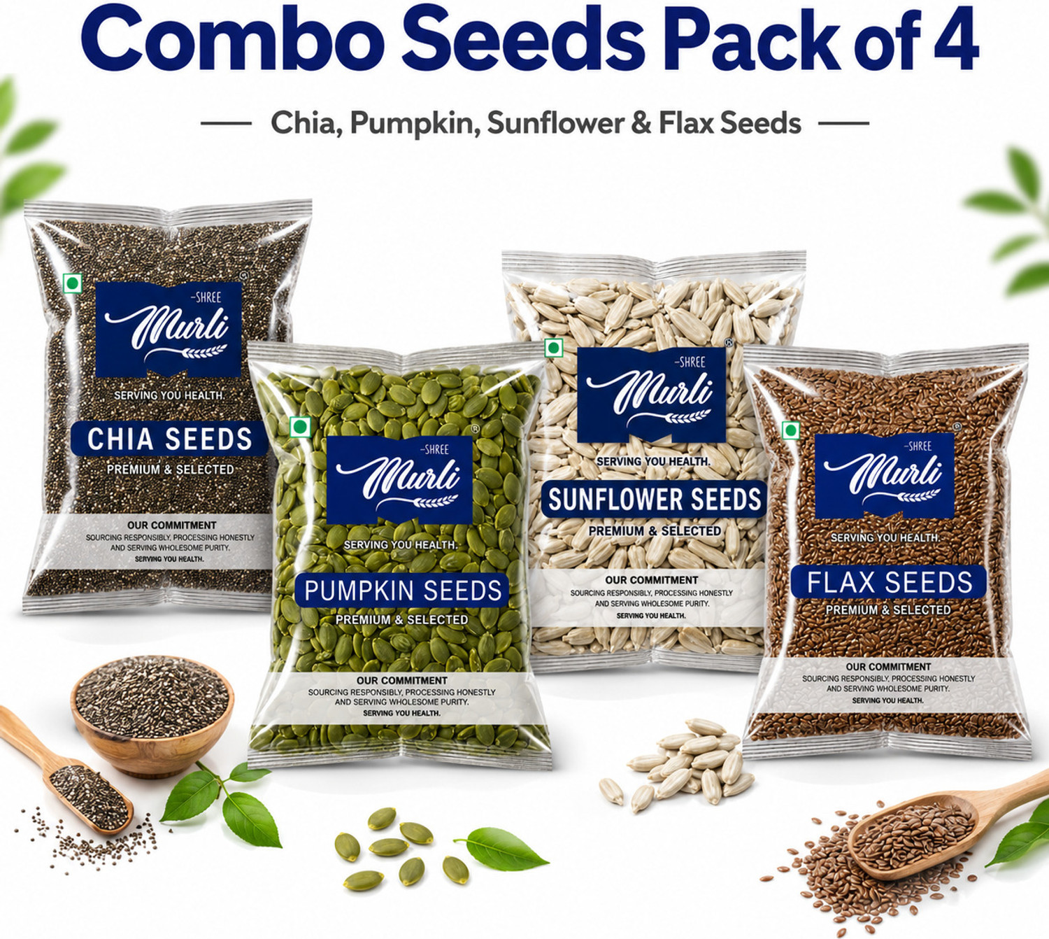 Image of SHREE MURLI Chia, Pumpkin, Sunflower & Flax Seeds Combo (Pack of 4) Chia Seeds, Pumpkin Seeds, Sunflower Seeds, Brown Flax Seeds