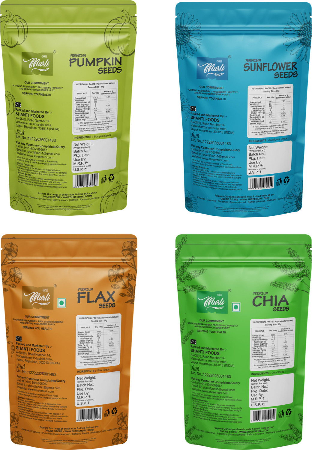 Image of SHREE MURLI Combo of Chia, Pumpkin, Sunflower & Flax 800g (200g Each) |Good for Weight Loss| Chia Seeds, Pumpkin Seeds, Sunflower Seeds, Brown Flax Seeds