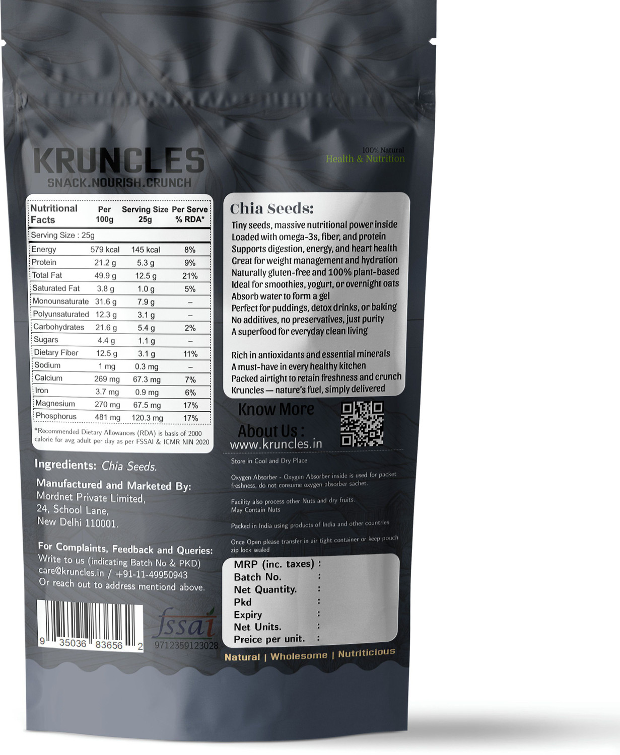Image of Kruncles Chia Seeds for Weight Loss | Omega-3, Fiber, Calcium & Protein Superfood | Clean Chia Seeds