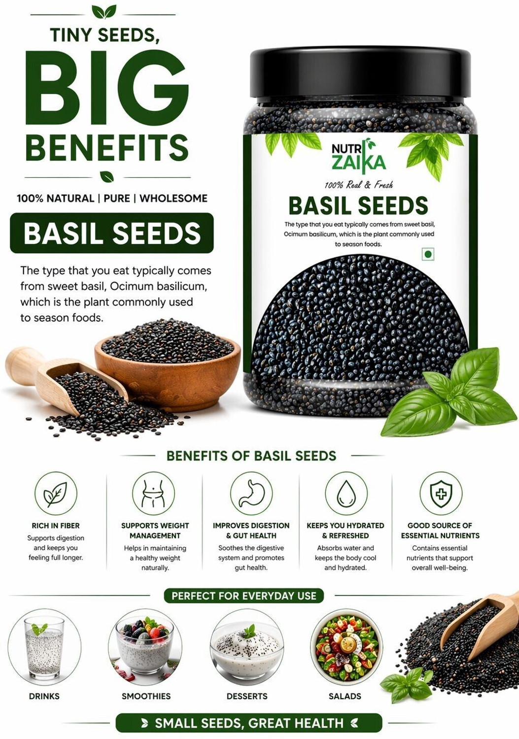 Image of NUTRI ZAIKA Basil Seeds | Sabja Seeds for Weight Loss | Natural Cooling & Healthy Superfood Basil Seeds
