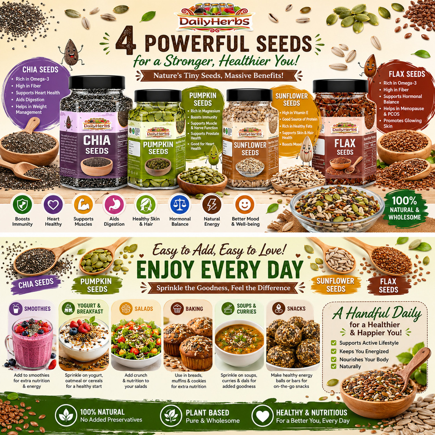 Image of DAILYHERBS Premium Seeds 800g, Edible Seeds Combo Pack Of 4 (Each 200g) Chia Seeds, Pumpkin Seeds, Sunflower Seeds, Brown Flax Seeds