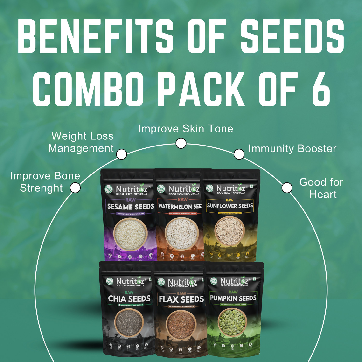 Image of Nutritoz Raw Mix Seeds 900gm Combo Pack Of 6 for Weight Loss with Omega-3 & Fiber Rich Chia Seeds, Brown Flax Seeds, Pumpkin Seeds, Sunflower Seeds, Watermelon Seeds, Sesame Seeds