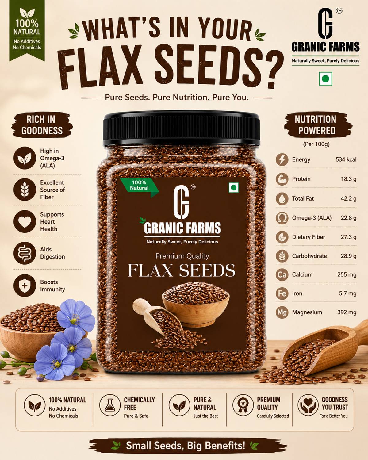 GRANIC Premium Raw Flax Seeds, Brown - Image 2
