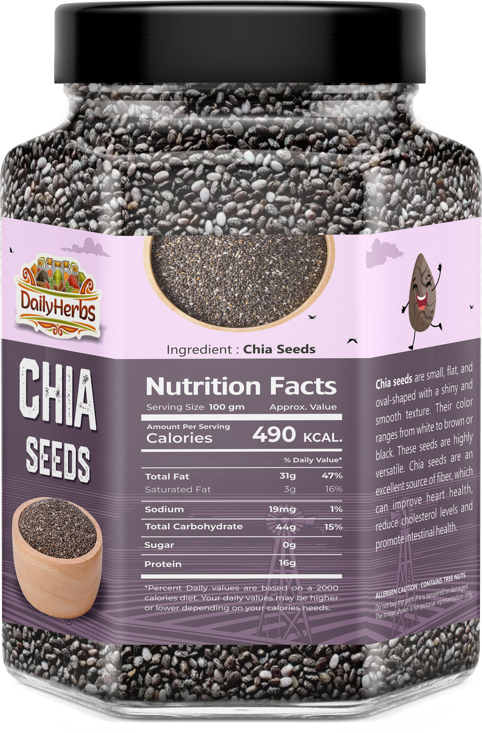 Image of DAILYHERBS Premium Seeds 800g, Edible Seeds Combo Pack Of 4 (Each 200g) Chia Seeds, Pumpkin Seeds, Sunflower Seeds, Brown Flax Seeds