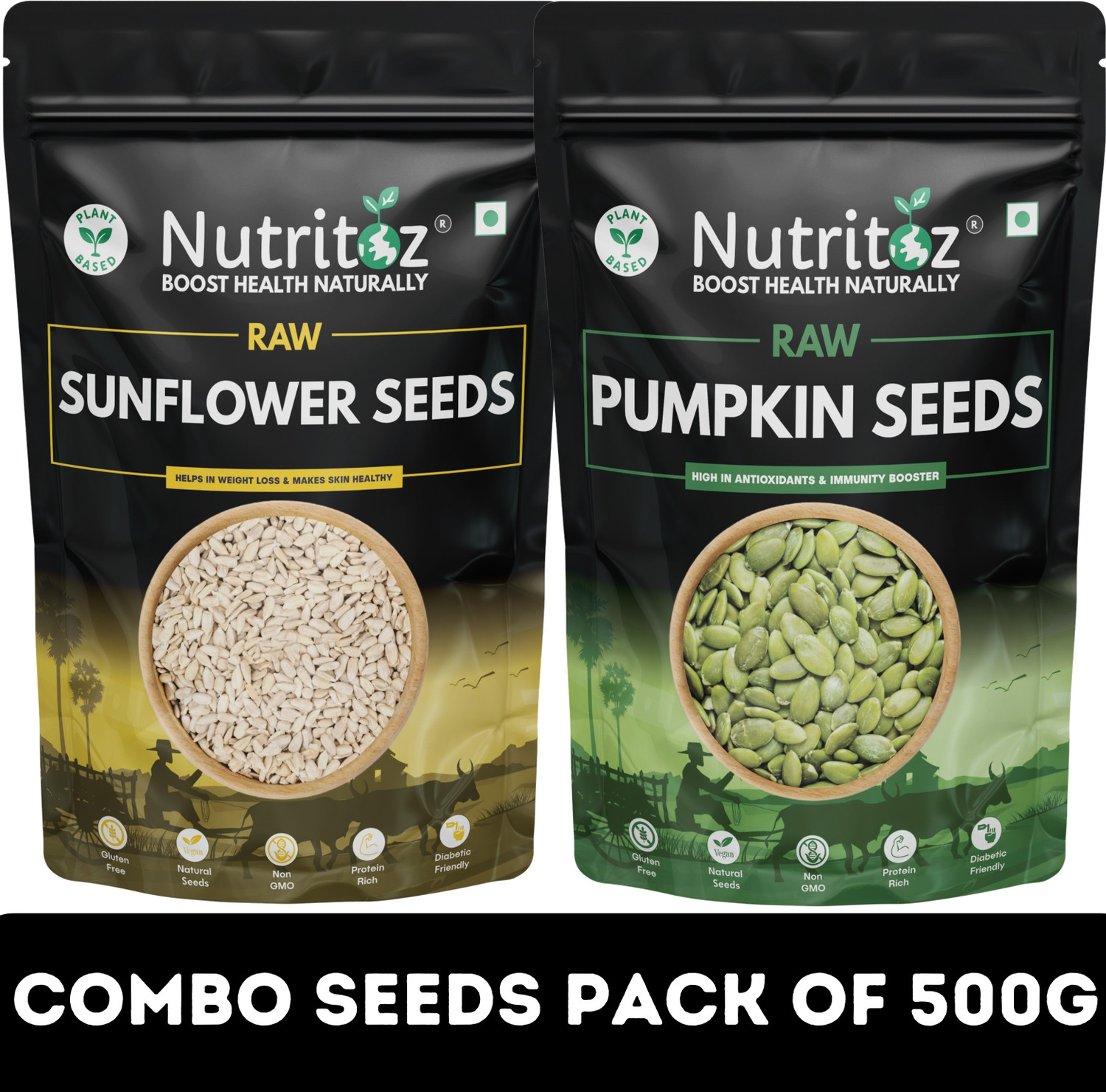 Image of Nutritoz Raw Pumpkin Seeds & Sunflower Seeds 500g Combo Pack of 2 | 250g Each of Pumpkin Seeds, Sunflower Seeds