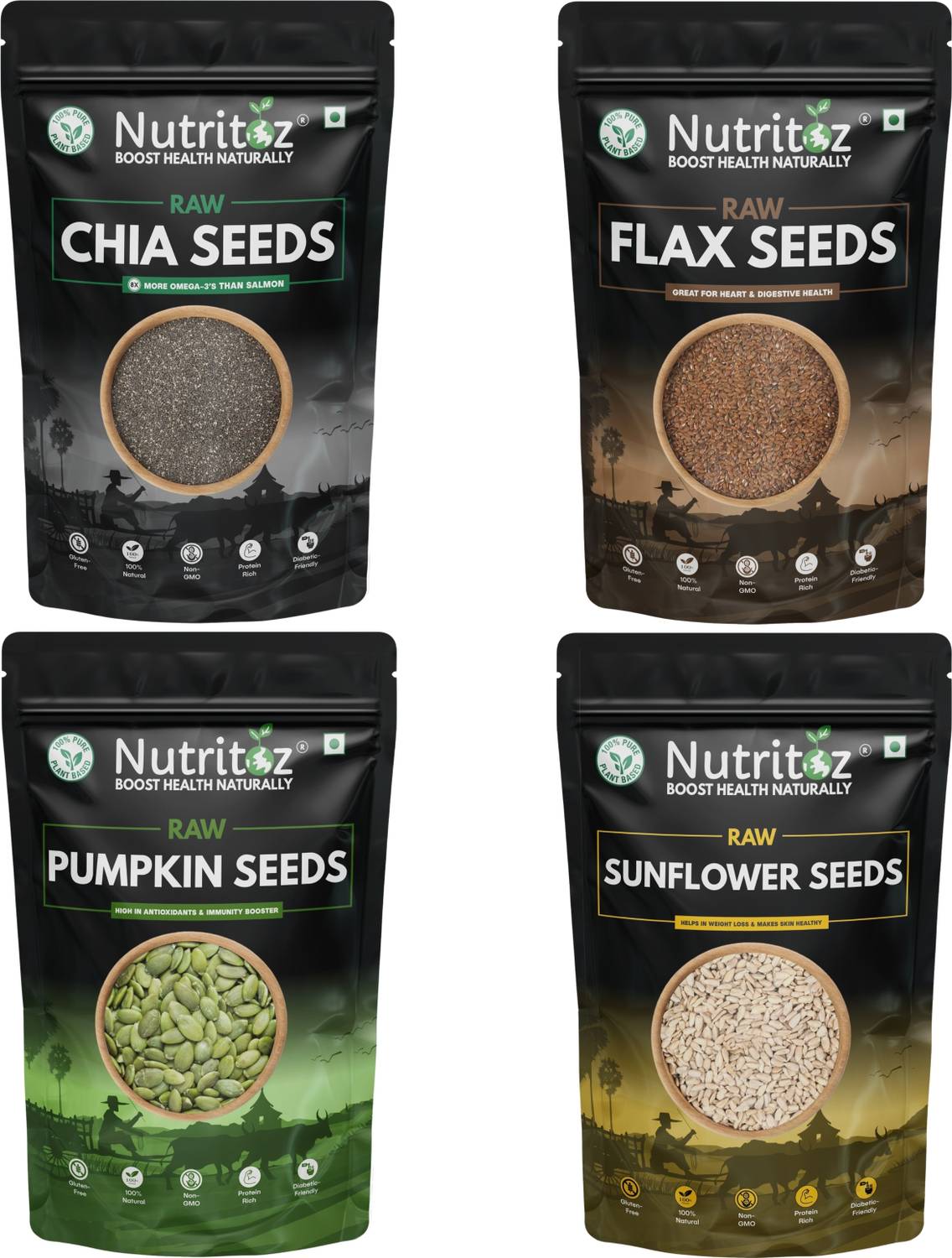 Nutritoz Premium Seeds 800g, Edible Seeds Combo Pack Of 4 (Each 200g) Chia Seeds, Brown Flax Seeds, Pumpkin Seeds, Sunflower Seeds