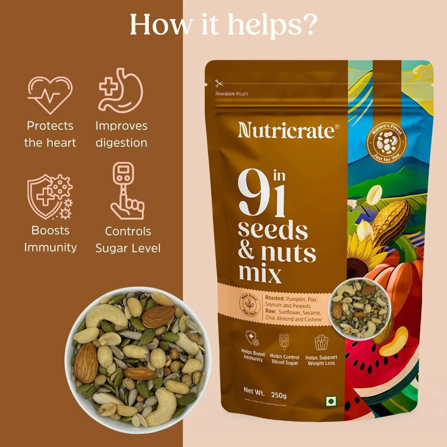 Image of Nutricrate 9 in 1 Super Mixed Seeds for Eating, Roasted, Protein Rich & for weight loss. Mixed Seeds (4 x 250 g)