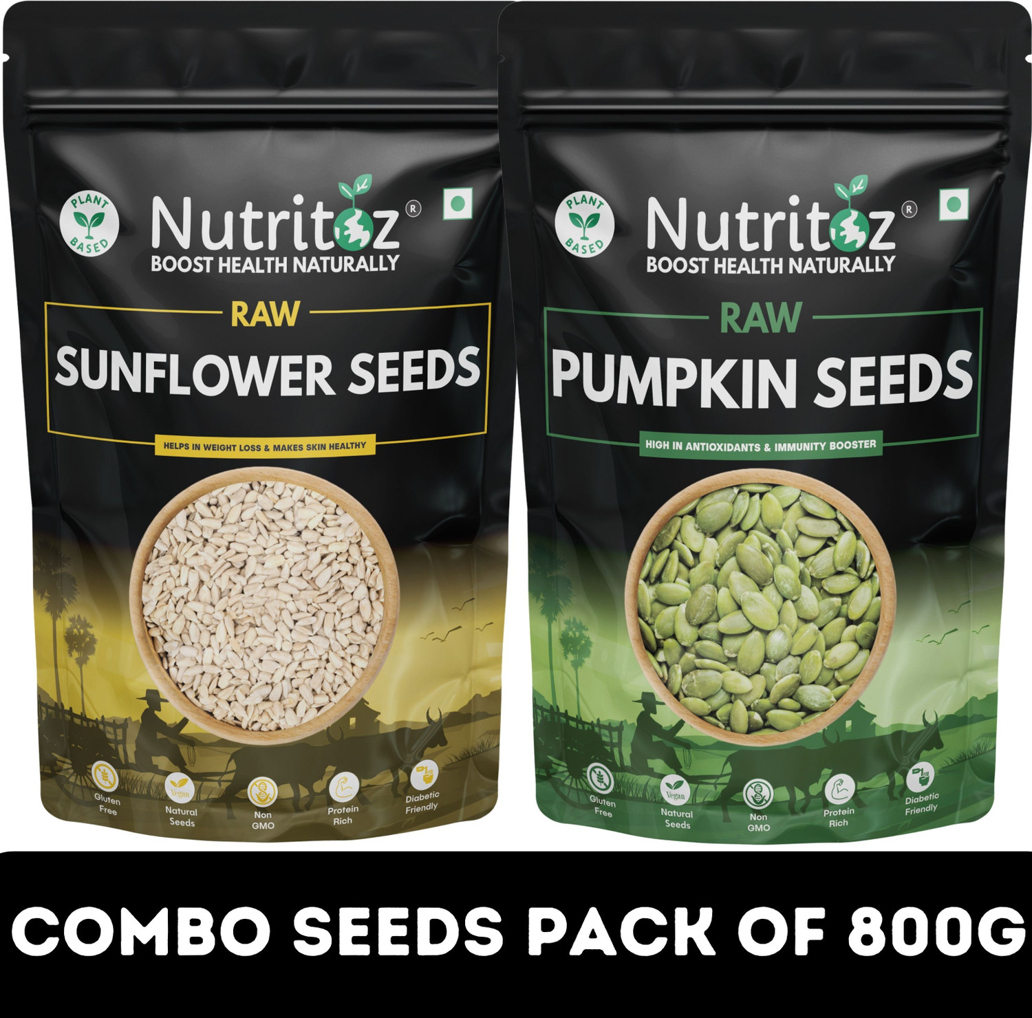 Image of Nutritoz Premium 800g Raw Pumpkin Seeds & Sunflower Seeds Combo Pack of 2 | 400GM Each of Pumpkin Seeds, Sunflower Seeds