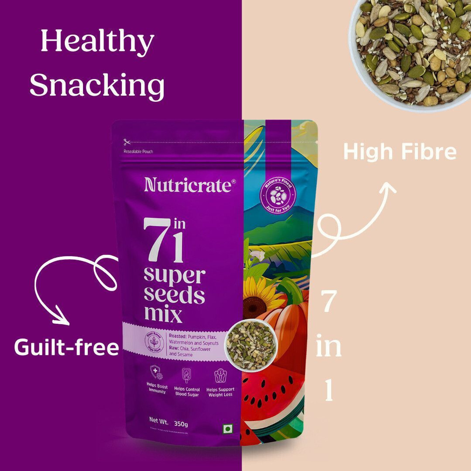 Image of Nutricrate 7 in 1 Super Mixed Seeds for Eating | Roasted Seeds | Diet Snack | Protein Rich. Mixed Seeds