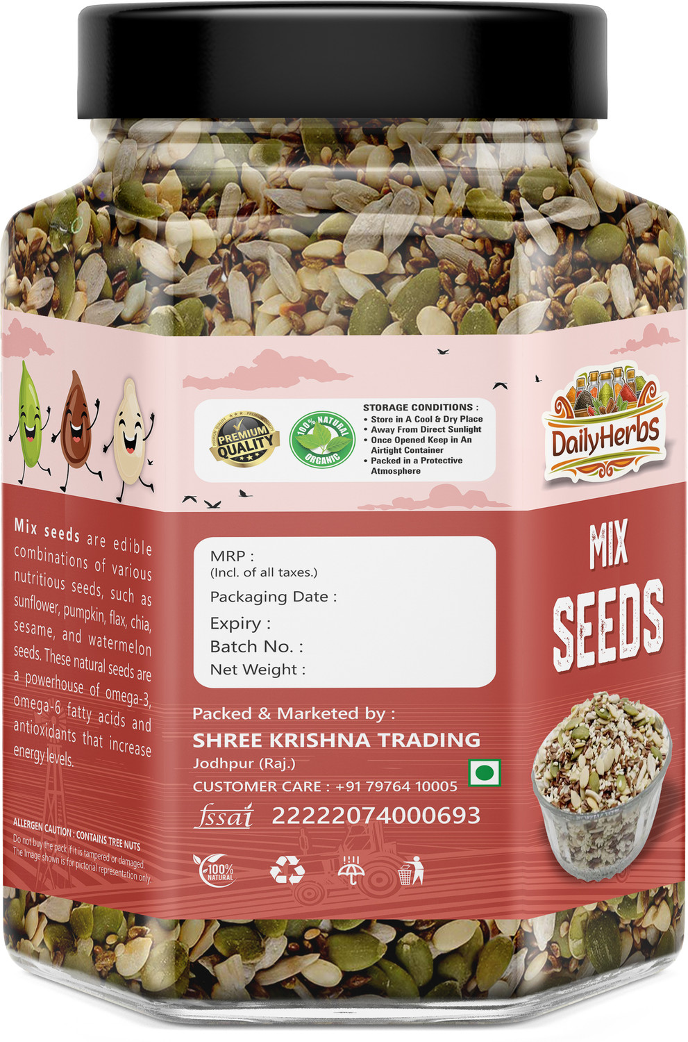 Image of DAILYHERBS Premium 6 in 1 Roasted super seed mix Immunity Booster weight loss Healthy snack Chia Seeds, Pumpkin Seeds, Sunflower Seeds, Watermelon Seeds, Brown Flax Seeds, White Sesame Seeds