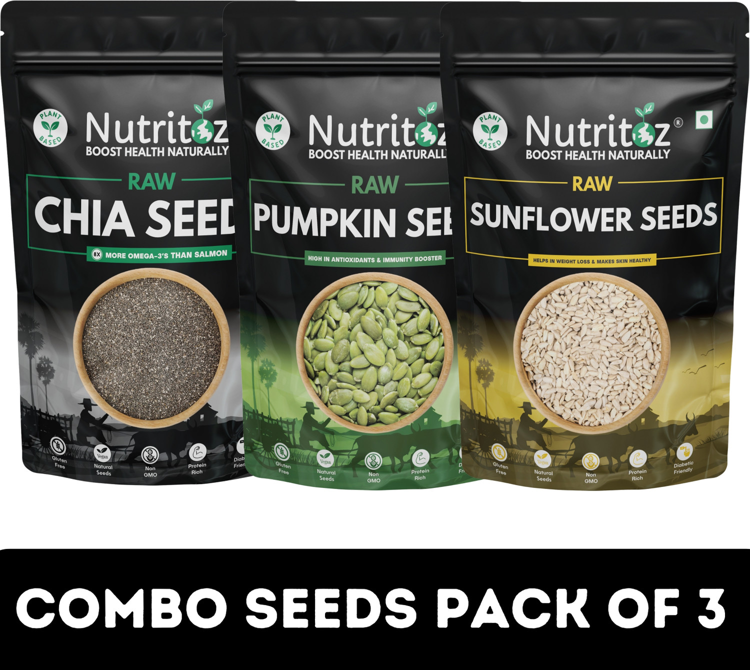 Image of Nutritoz Raw Chia Seeds, Pumpkin Seeds & Sunflower Seeds 600g Combo Pack of 3 | 200g Each Chia Seeds, Pumpkin Seeds, Sunflower Seeds