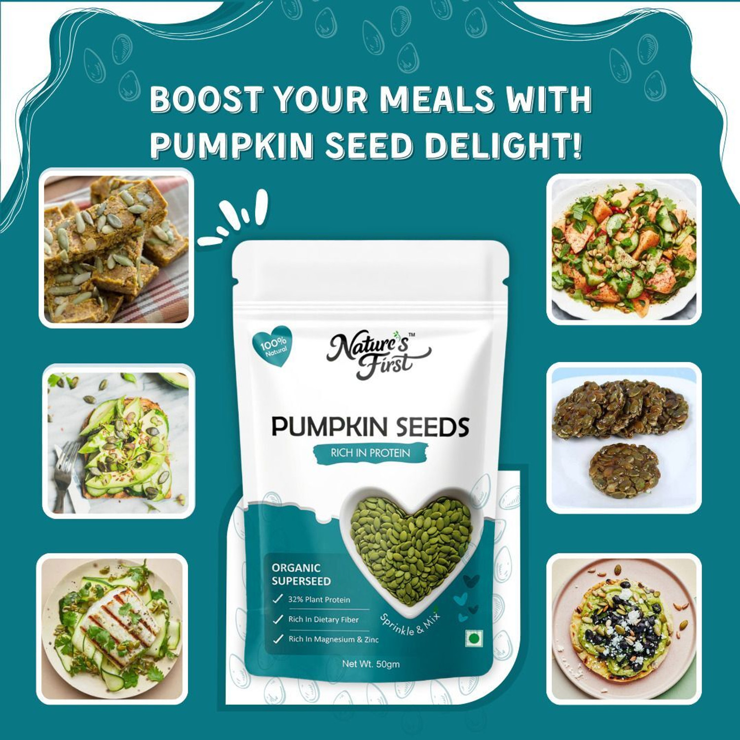 Image of NATURE'S FIRST Raw Chia Seeds, Flax, Pumpkin & Sunflower Seeds Combo 50gm Pack of 4 Chia Seeds, Pumpkin Seeds, Sunflower Seeds, Brown Flax Seeds