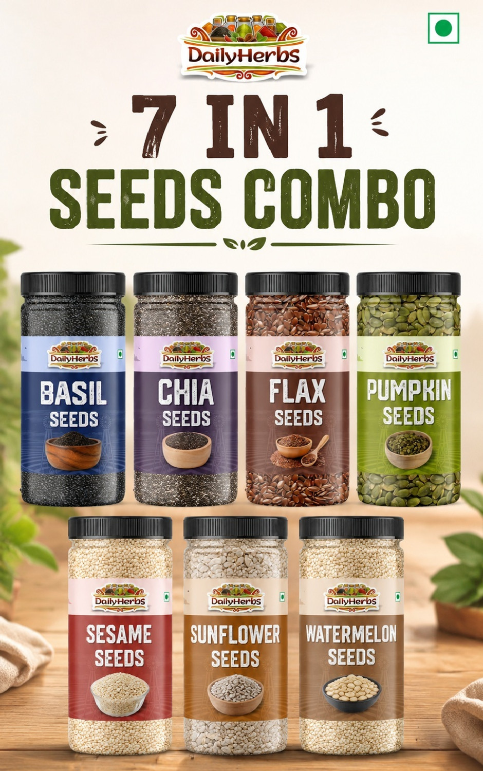 Image of DAILYHERBS Raw Mix Super Seeds Combo Pack Of 7 for Weight Loss with Omega 3 (200G EACH) Chia Seeds, Pumpkin Seeds, Sunflower Seeds, Brown Flax Seeds, Basil Seeds, Sesame Seeds, Watermelon Seeds