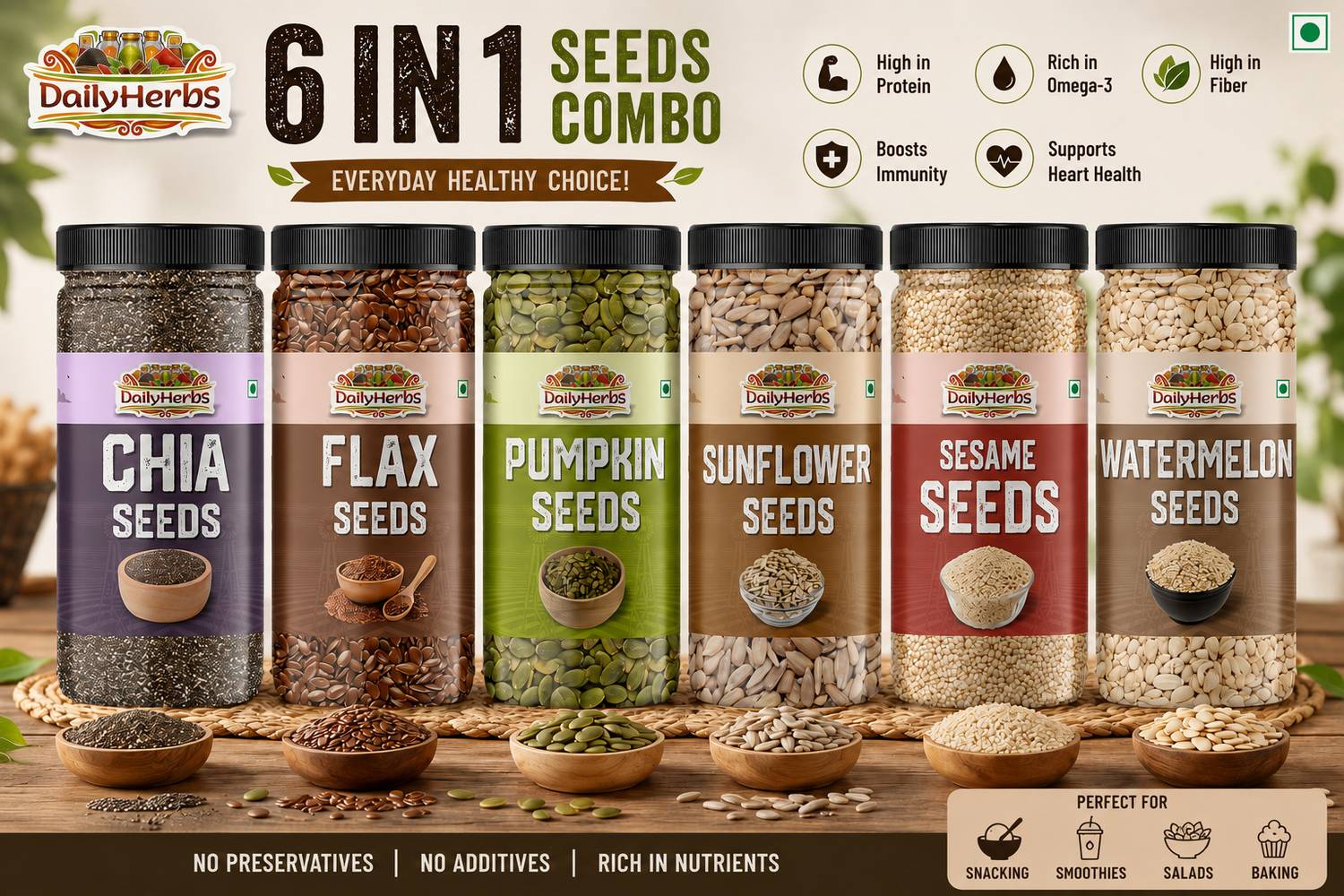 DAILYHERBS Raw Seeds Combo Pack of 6 (100G Each) - Image 1