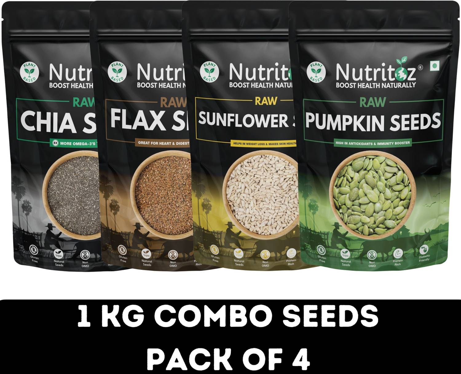 Nutritoz Premium Seeds 1 Kg Combo Pack Pack of 4 - Image 1