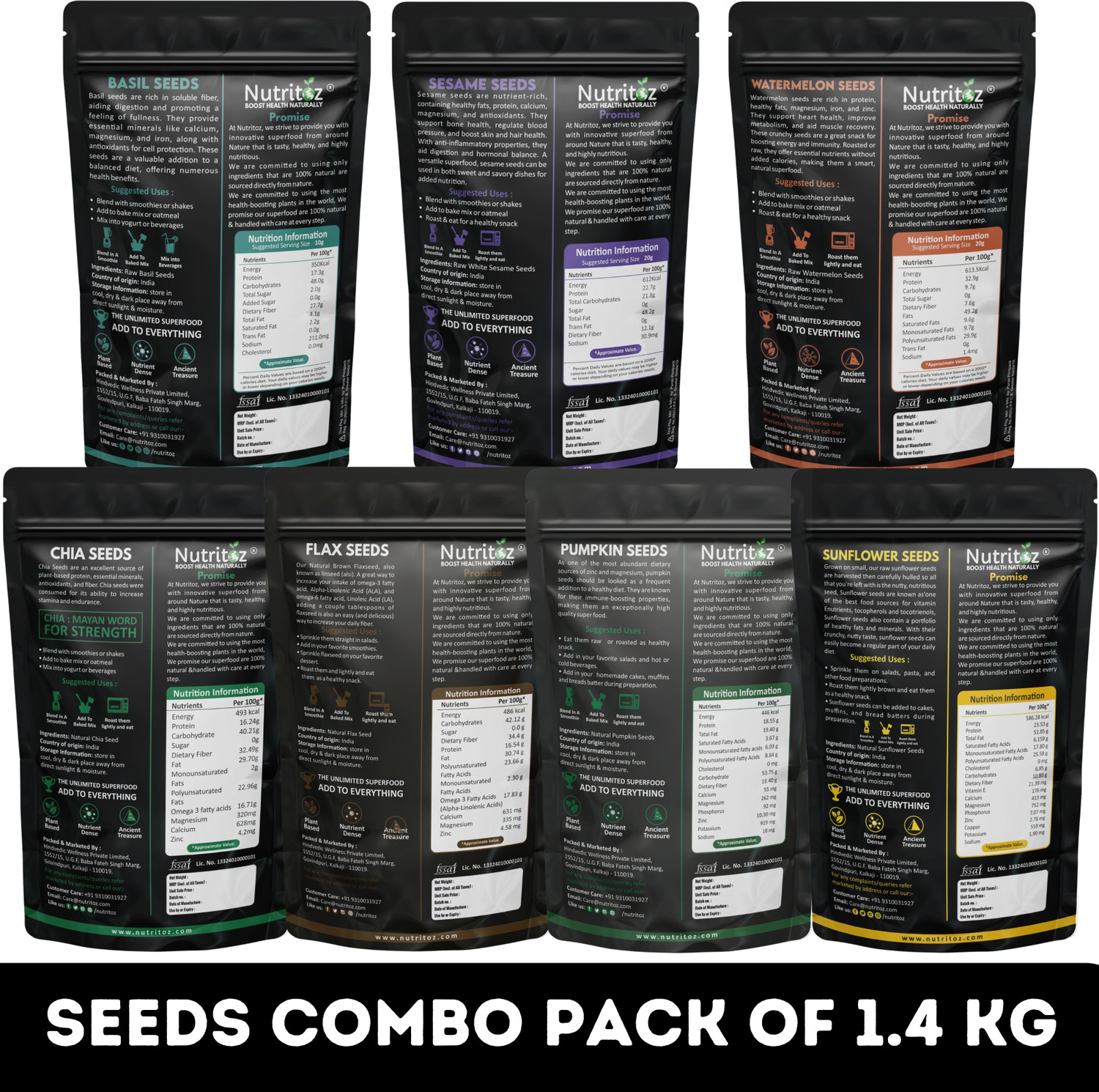 Image of Nutritoz Mix Super Seeds Combo 1.4 Kg Pack of 7 for Weight Loss with Omega-3 (200G EACH) Chia Seeds, Brown Flax Seeds, Pumpkin Seeds, Sunflower Seeds, Basil Seeds, Sesame Seeds, Watermelon Seeds