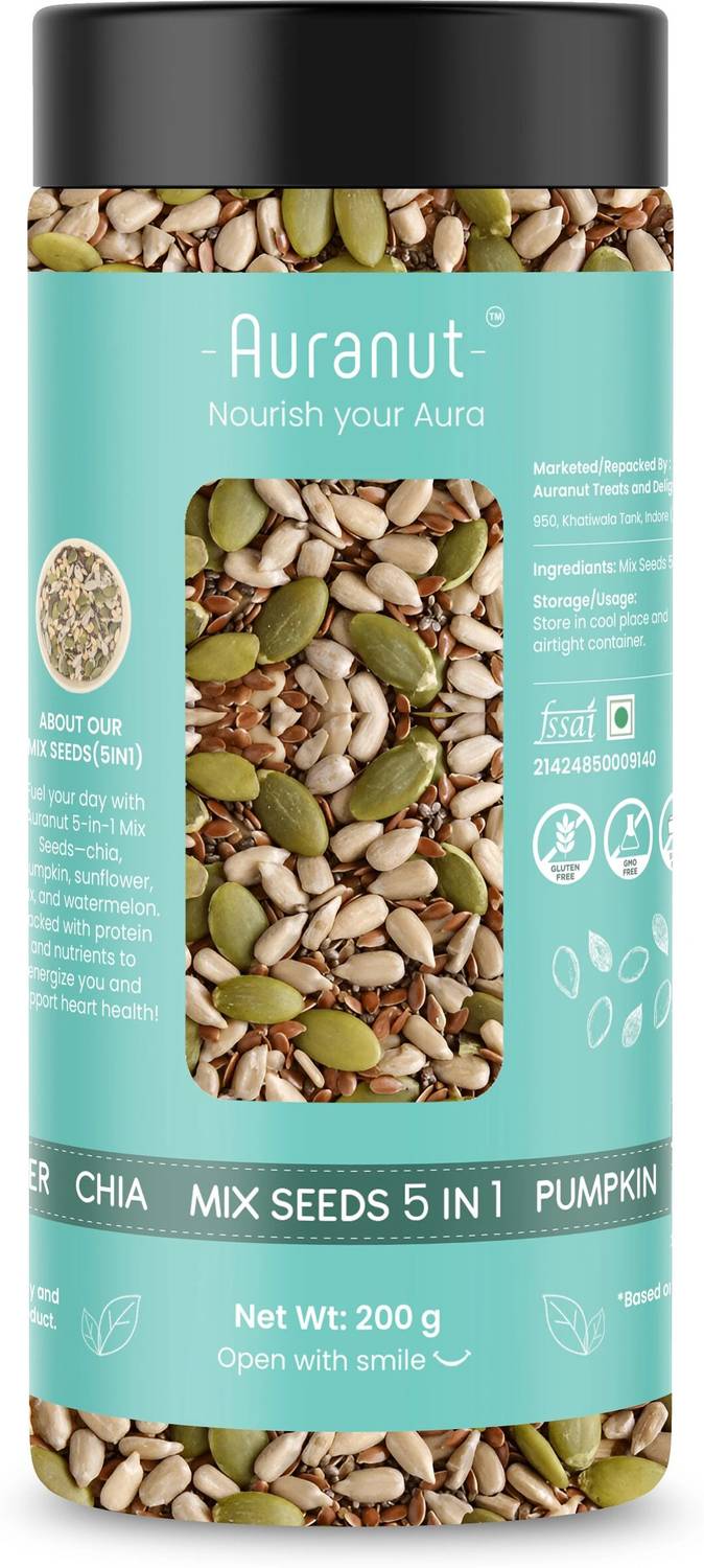 AURANUT 5-in-1 Seed Mix – Chia, Flax, Pumpkin, Sunflower & Watermelon seeds! Mixed Seeds