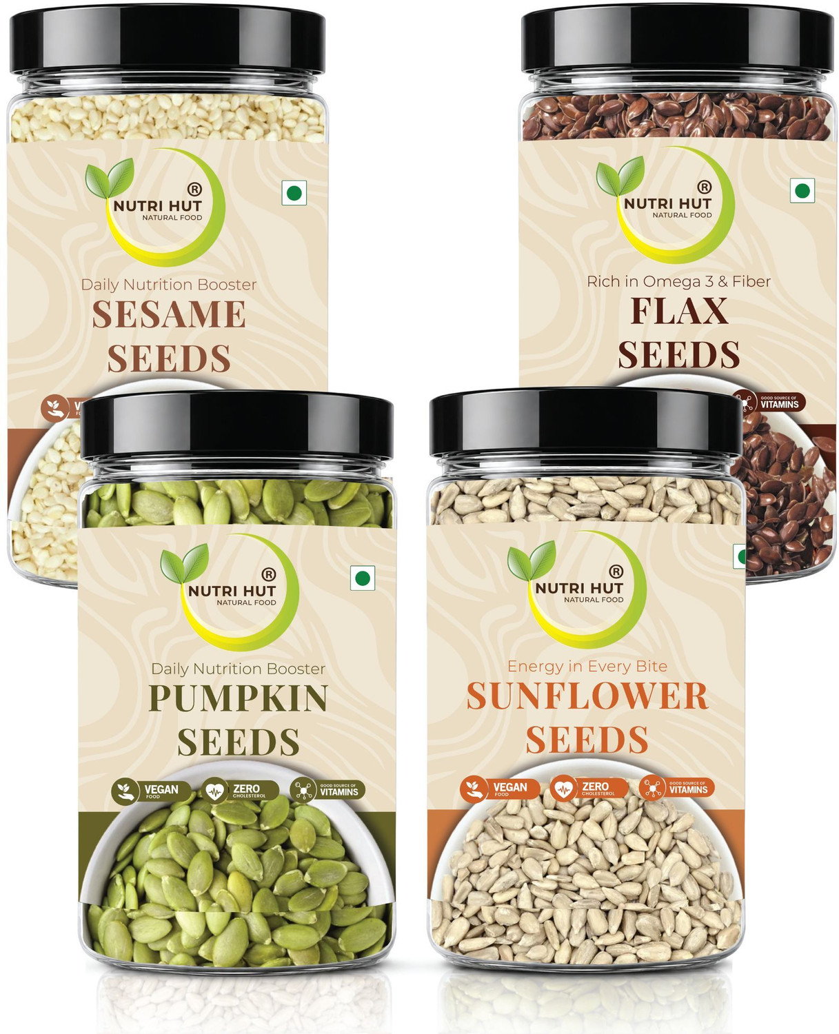 Image of Nutri Hut Super Seeds Combo Pack of 4 | Natural Superfood | High Protein, Fiber & Omega-3 Pumpkin Seeds, Sunflower Seeds, Golden Flax Seeds, Sesame Seeds