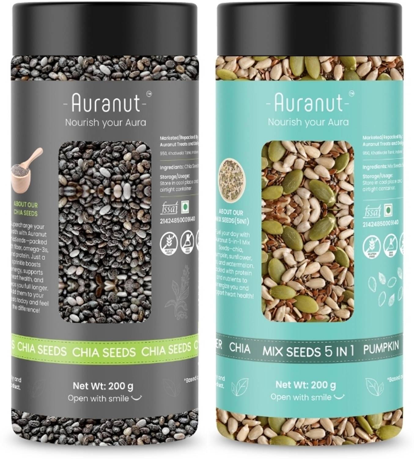 AURANUT Combo Chia & Mix Seeds 5 in 1 | Chia,Pumpkin, Sunflower, Flax, Watermelon Seeds Chia Seeds, Mixed Seeds