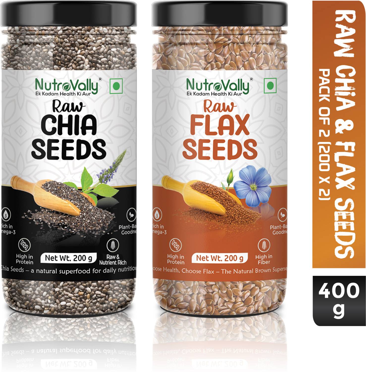 NutroVally Raw Chia Seeds, Flax Seeds Combo Loaded with Omega 3, Zinc, Fiber, Calcium Chia Seeds, Brown Flax Seeds
