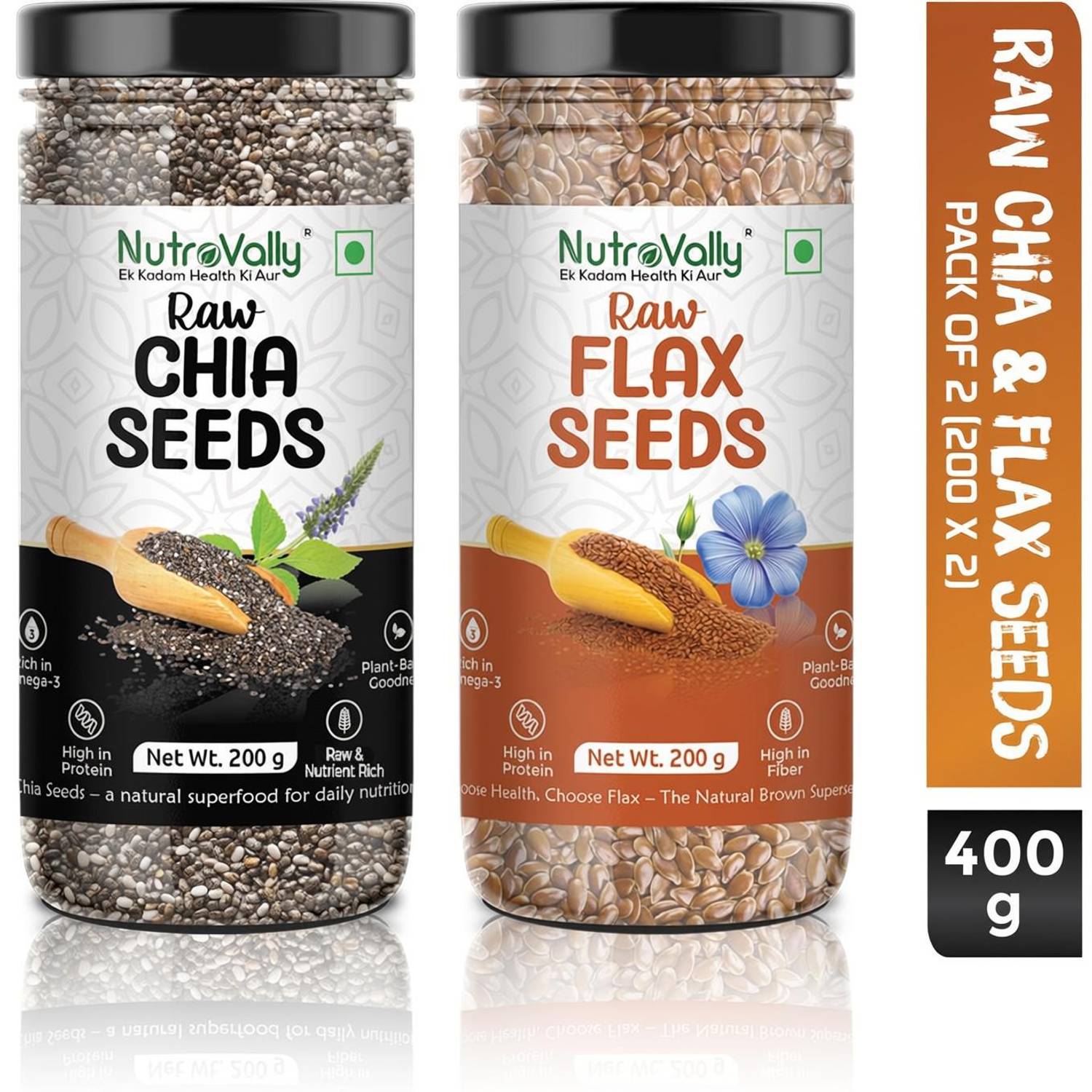 NutroVally Raw Chia Seeds, Flax Seeds Combo Loaded with Omega 3, Zinc, Fiber, Calcium Chia Seeds, Brown Flax Seeds