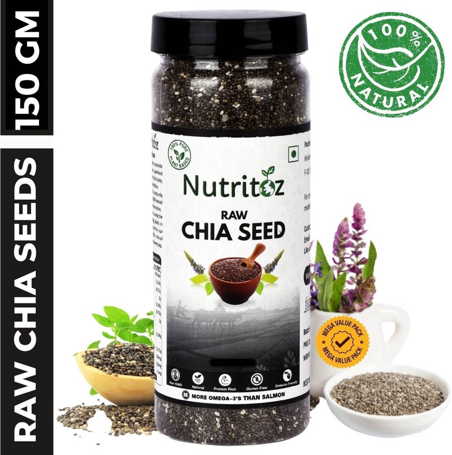 Nutritoz Natural Raw Chia Seeds For Weight Loss With Omega 3, Fib