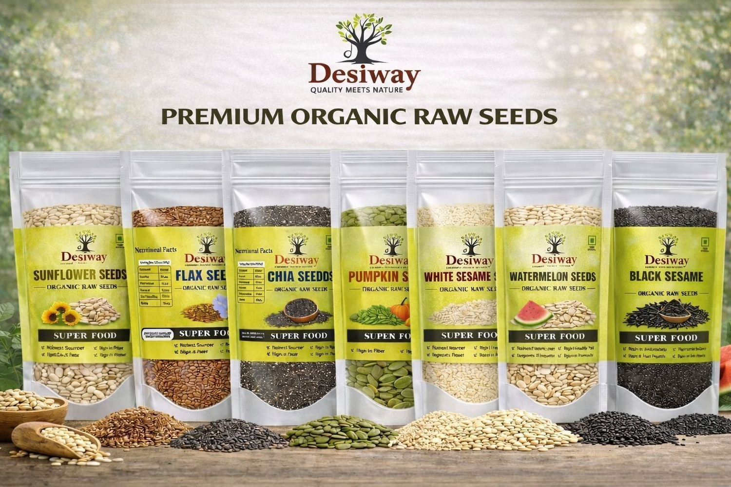 Image of Desiway Desiway 7 IN 1 Mini Combo Chia Seeds, Black Sesame Seeds, Pumpkin Seeds, Brown Flax Seeds, Sunflower Seeds, Watermelon Seeds, White Sesame Seeds