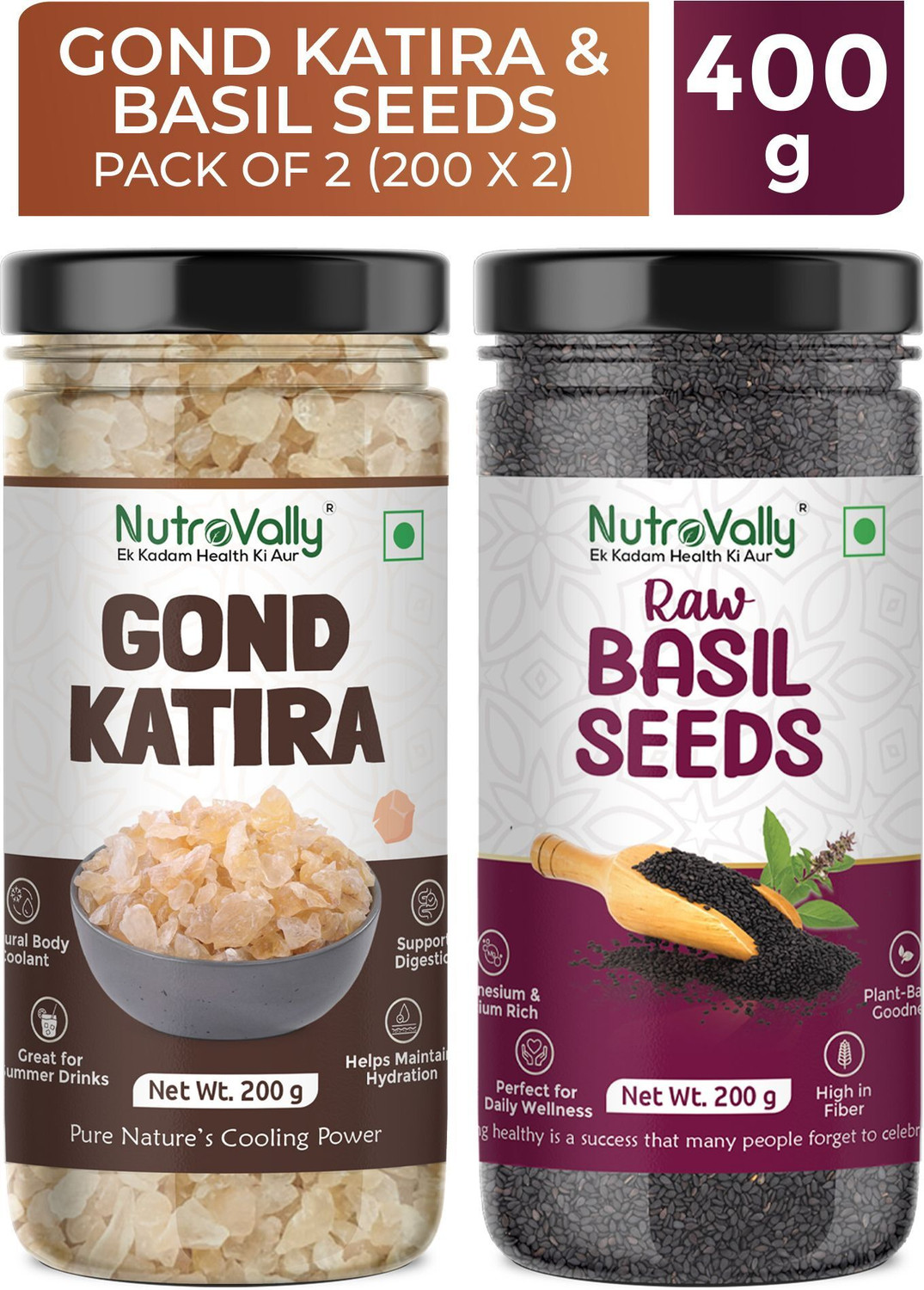 Image of NutroVally Gond Katira & Basil Seeds Combo (200g Each) | Natural Cooling Superfood Basil Seeds