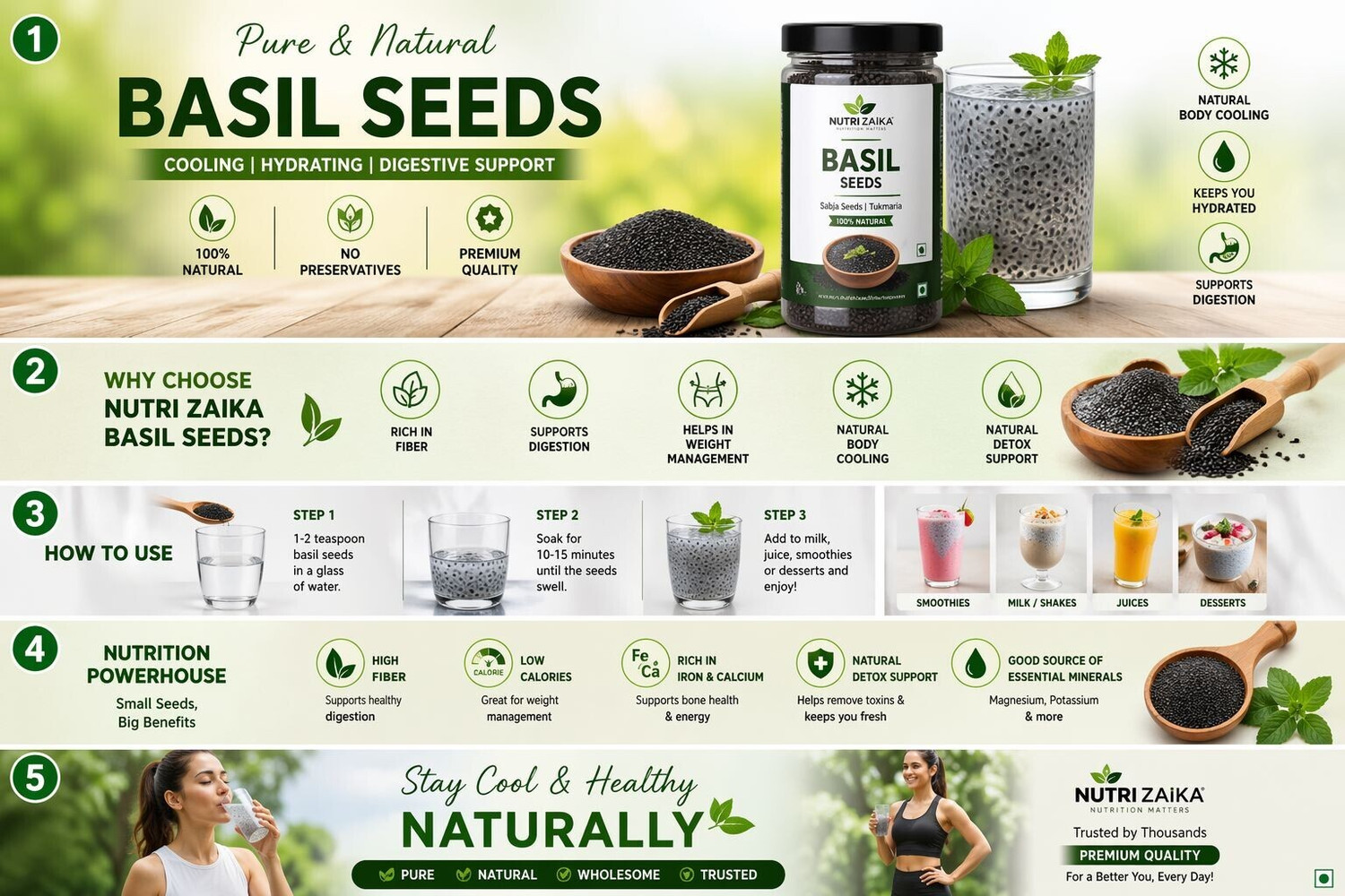 Image of NUTRI ZAIKA Basil Seeds | Sabja Seeds for Weight Loss | Natural Cooling & Healthy Superfood Basil Seeds