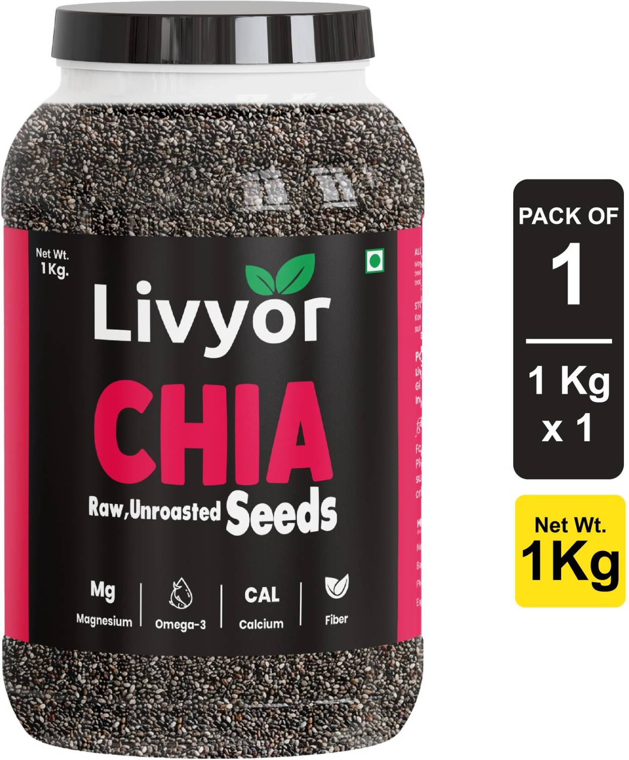 LIVYOR Raw Chia for Weight loss Management, with Omega 3 and Fiber, Rich in Calcium, Chia Seeds