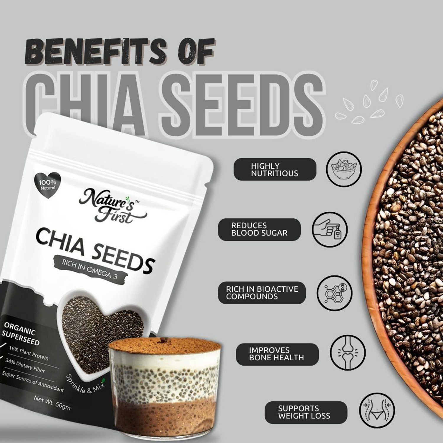 Image of NATURE'S FIRST Raw Chia Seeds, Flax, Pumpkin & Sunflower Seeds Combo 50gm Pack of 4 Chia Seeds, Pumpkin Seeds, Sunflower Seeds, Brown Flax Seeds